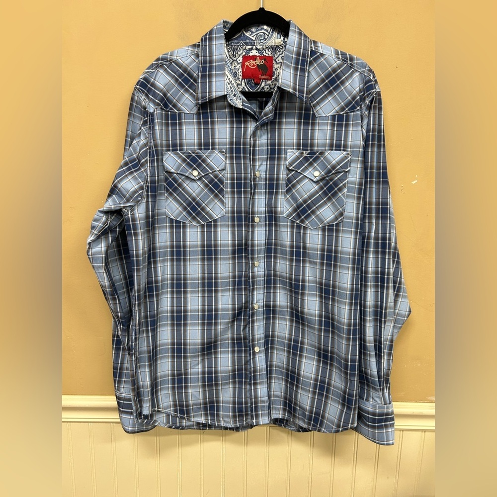 Rodeo Clothing Co Shirt XL Blue Plaid Pearl Snap Long Sleeve Western Cowboy